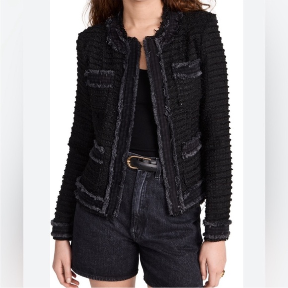 L'AGENCE Agnes Tweed Jacket in Black Wash, Size Small, Made in USA, Denim Fringe - Picture 1 of 12